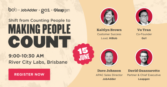 HiBob_HR's tweet card. HiBob, Leapgen, Go1 and JobAdder are joining forces to bring together Brisbane's HR community and discuss how to design a human-centred experience for now and the future