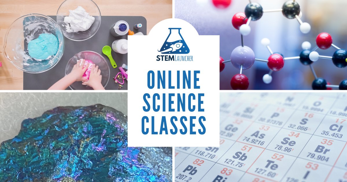 STEMLauncher's tweet card. Learn about the periodic table, get a better understanding of chemistry, do exciting hands-on science activities, and more in our online science classes!