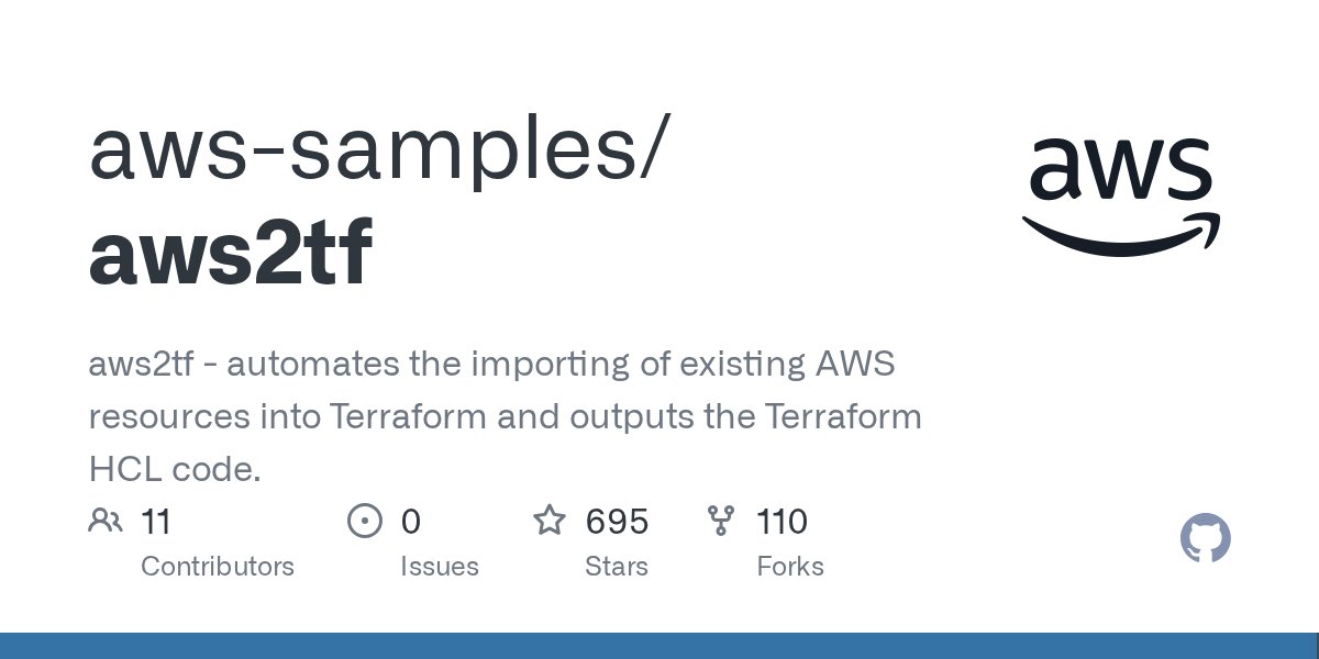 Amaankhan4you's tweet card. aws2tf - automates the importing of existing AWS resources into Terraform and outputs the Terraform HCL code. - aws-samples/aws2tf