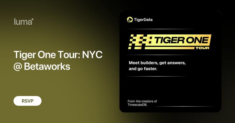 TigerDatabase's tweet card. Meet builders, get answers, and go faster. From the creators of TimescaleDB. Build real-time apps and AI agents with TigerData — creators of TimescaleDB, the…