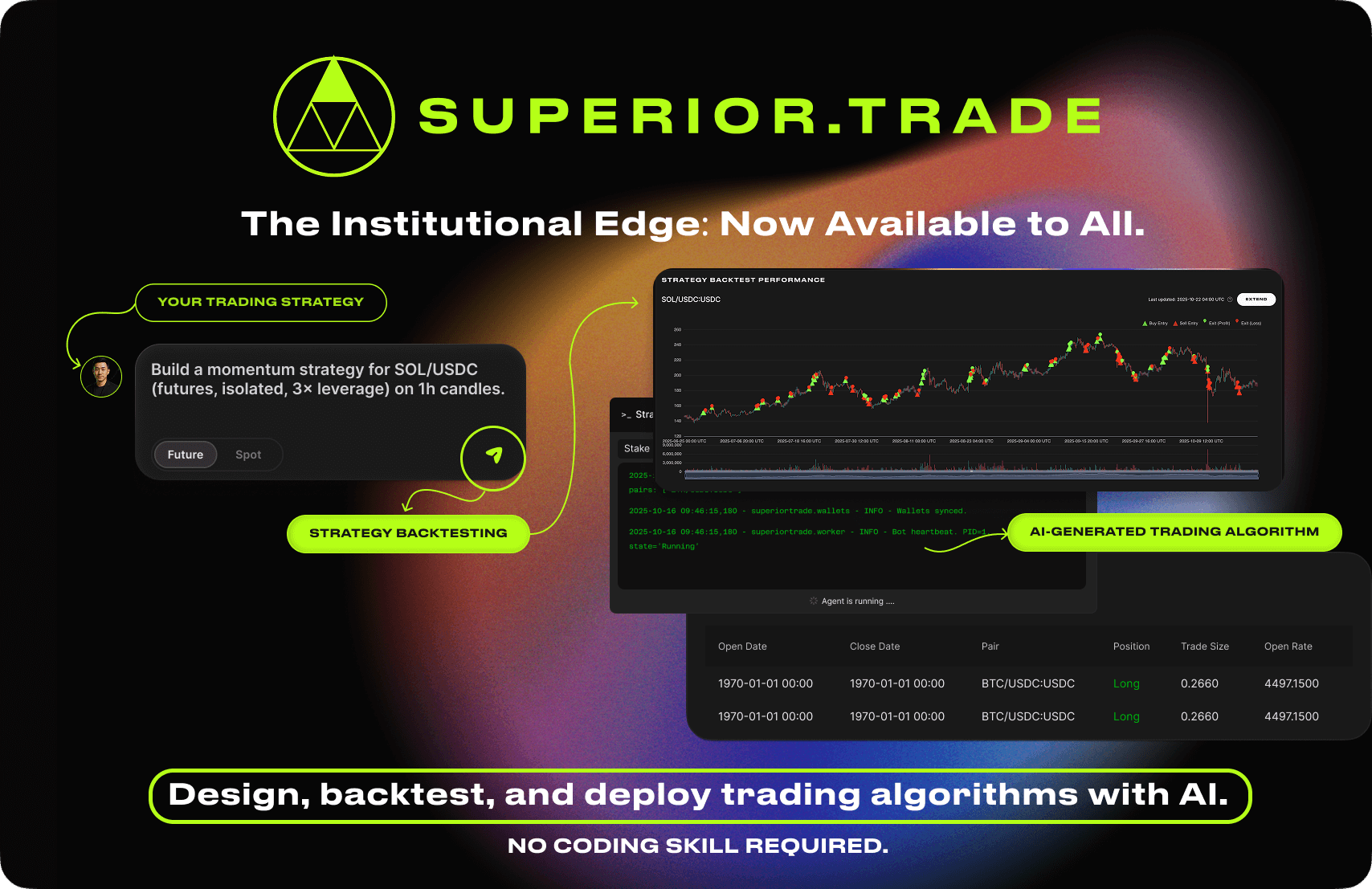 DeNostradameX's tweet card. Transform your trading ideas into autonomous strategies that work. From natural language to live execution on Hyperliquid—no coding required. 97.43% accuracy.