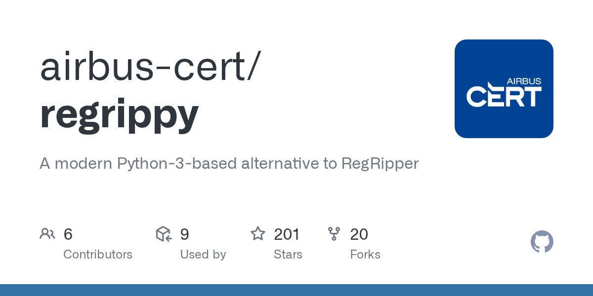 simsor's tweet card. A modern Python-3-based alternative to RegRipper. Contribute to airbus-cert/regrippy development by creating an account on GitHub.