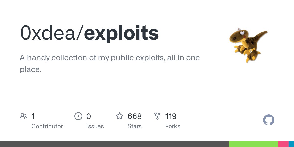 0xdea's tweet card. A handy collection of my public exploits, all in one place. - 0xdea/exploits