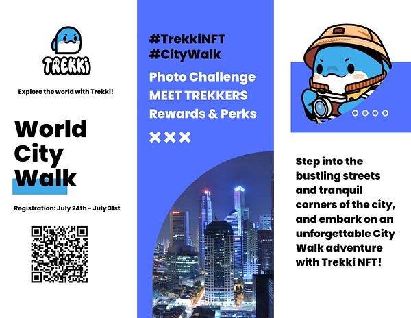 TrekkiNFT's tweet card. Trekki NFT is thrilled to invite all Trekkers to join our global event, “City Walk Adventures with Trekkers Worldwide!”