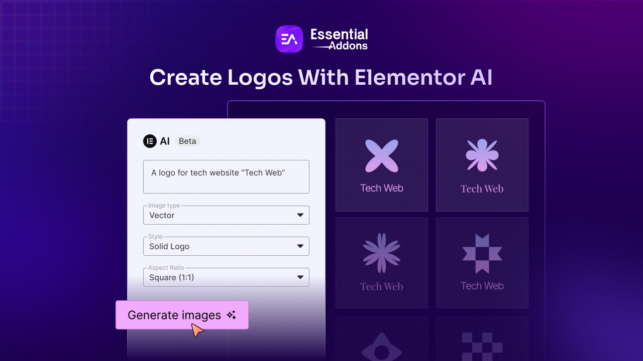 EssentialAddons's tweet card. This complete guide walks you through the process to create a unique and professional logo effortlessly using Elementor AI.