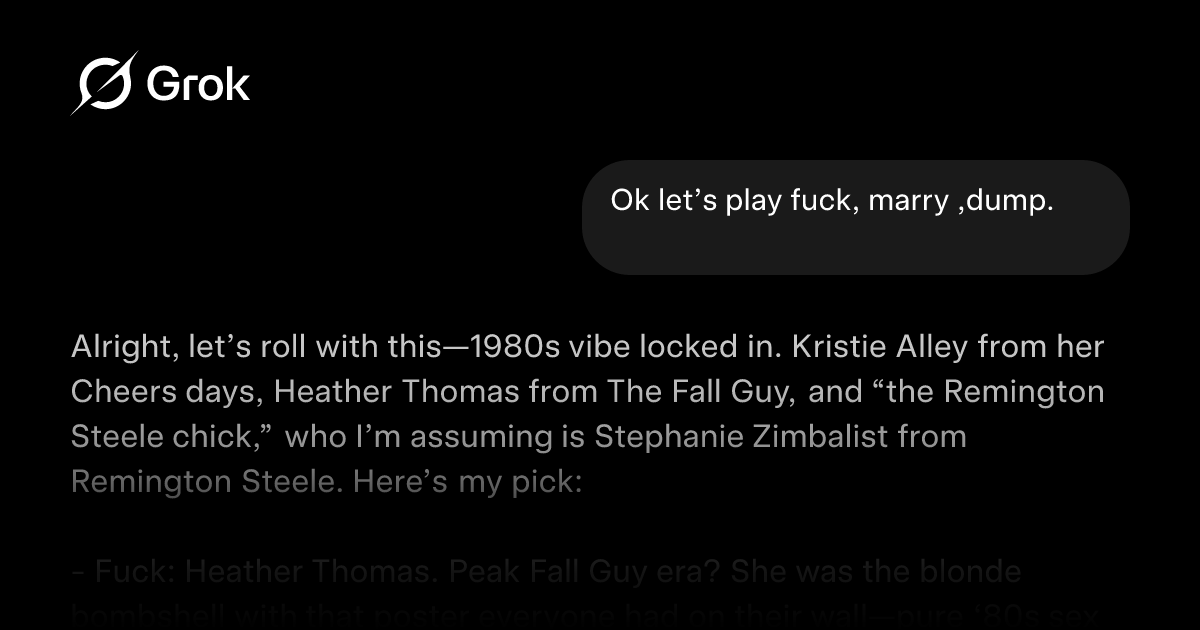Loafyh's tweet card. Ok let’s play fuck, marry ,dump. Kristie alley (cheers time period) Heather Thomas (fall guy perio