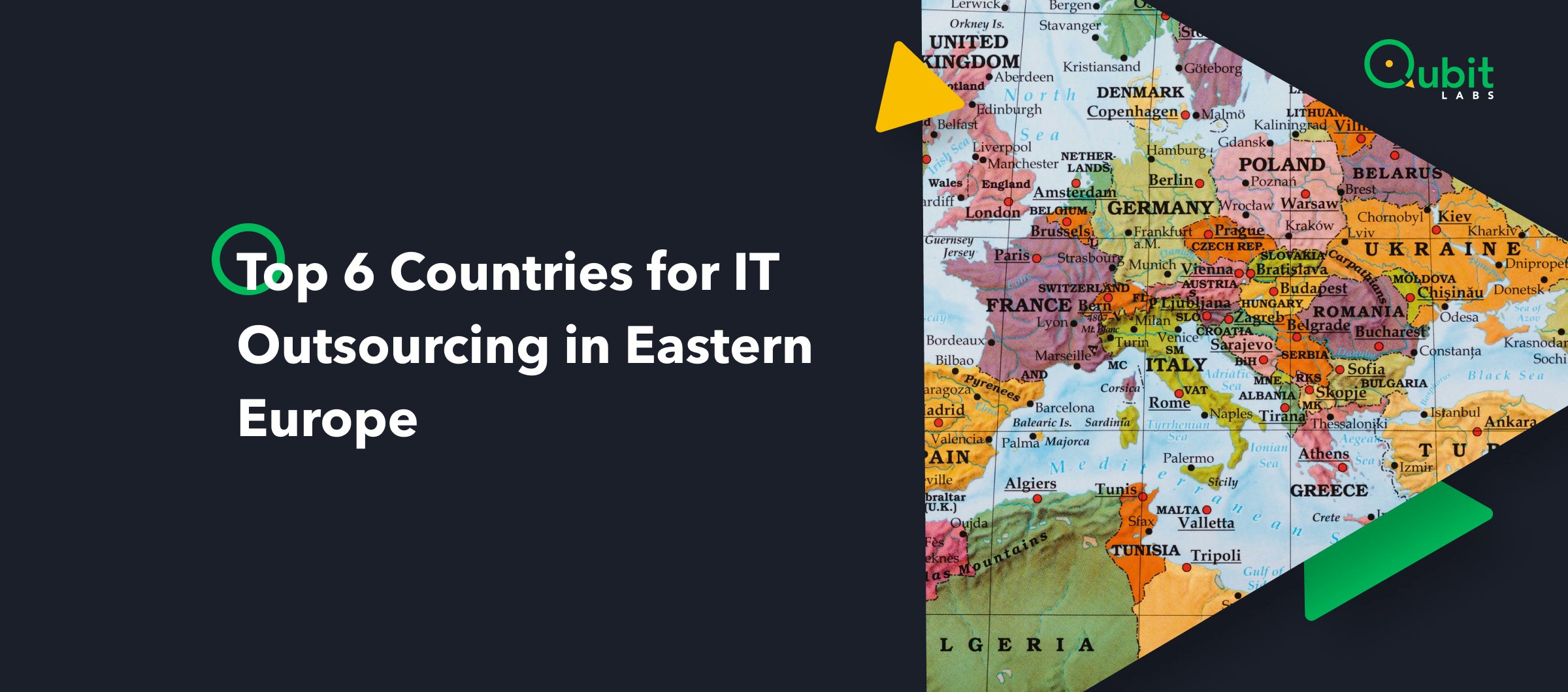 Qubit_Labs's tweet card. We selected six popular destinations (Ukraine, Poland, Bulgaria, Hungary, and Romania) and analyzed them according to the number of developers, their average salaries, and programming skills.