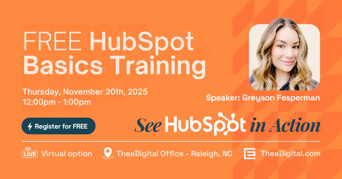 TheeDigital's tweet card. Join our free HubSpot basics training! Learn to streamline sales, implement automated workflows, and enhance your lead conversion strategy.