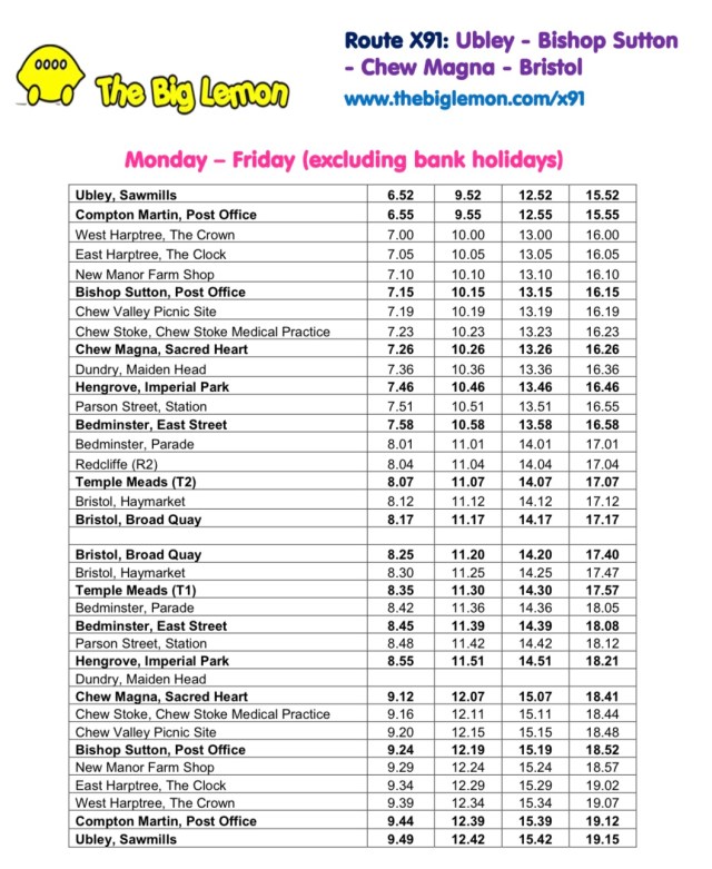 thebiglemon's tweet card. The route runs from Ubley Sawmills via Compton Martin, West Harptree, East Harptree, Bishop Sutton, Chew Stoke and Chew Magna, to Imperial Park, Bedminster, Temple Meads and Bristol city centre. As…