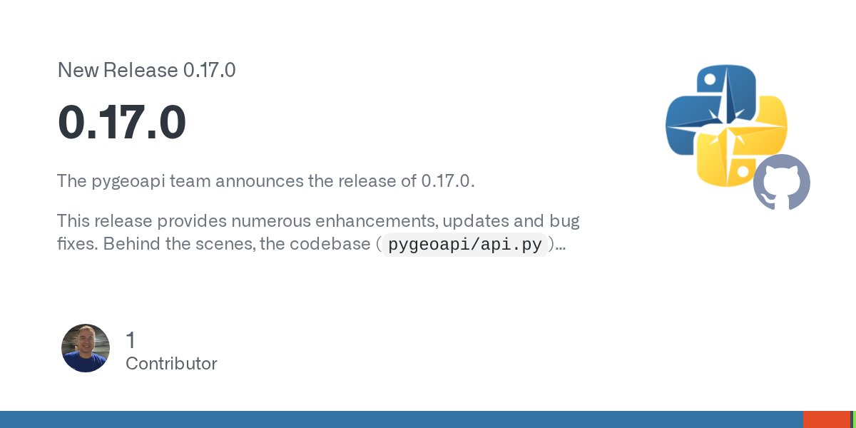 pygeoapi's tweet card. The pygeoapi team announces the release of 0.17.0. This release provides numerous enhancements, updates and bug fixes. Behind the scenes, the codebase (pygeoapi/api.py) underwent a significant ref...
