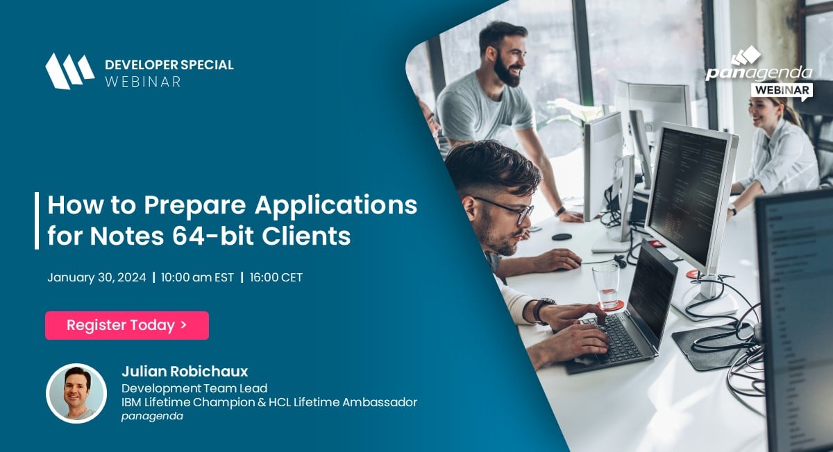 IAM_MThomas's tweet card. Many Domino applications have serious problems with Notes 64-bit clients. Learn how to find and fix them in this webinar by Julian Robichaux.