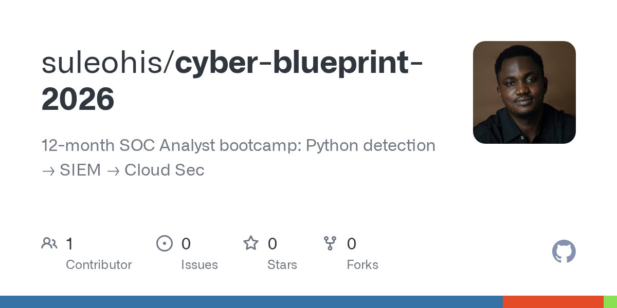 sule_ohis's tweet card. 12-month SOC Analyst bootcamp: Python detection → SIEM → Cloud Sec - suleohis/cyber-blueprint-2026
