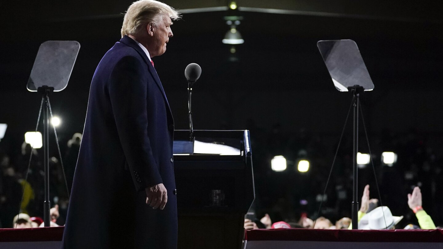 AP's tweet card. WASHINGTON (AP) — President Donald Trump flooded his first postelection political rally with debunked conspiracy theories and audacious falsehoods Saturday as he claimed victory in an election he...