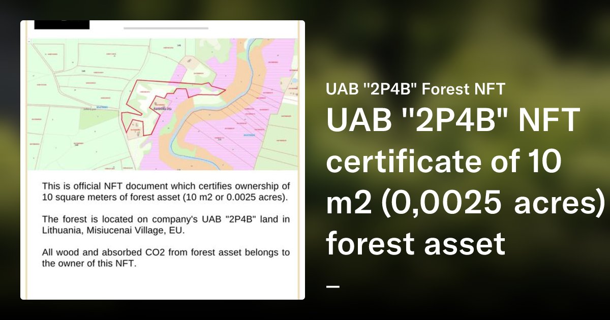 Palaima2p4b's tweet card. This is official company UAB ''2P4B'' forest asset certificate NFT collection. Each NFT will get you 10 m2 (0.0025 acre) of growing forest asset from plot located in Misiucenai village, Lithuania,...