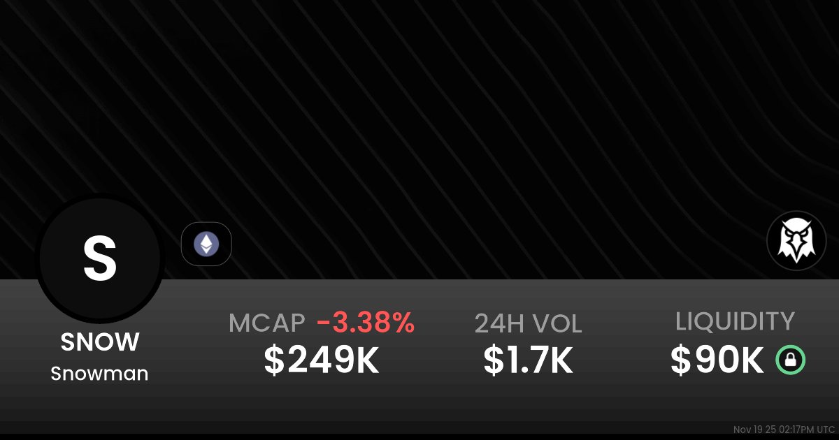 oxygen_EEC's tweet card. $0.0000000002809 Snowman (SNOW) realtime price charts, trading history and info - SNOW / WETH on Ethereum / Uniswap