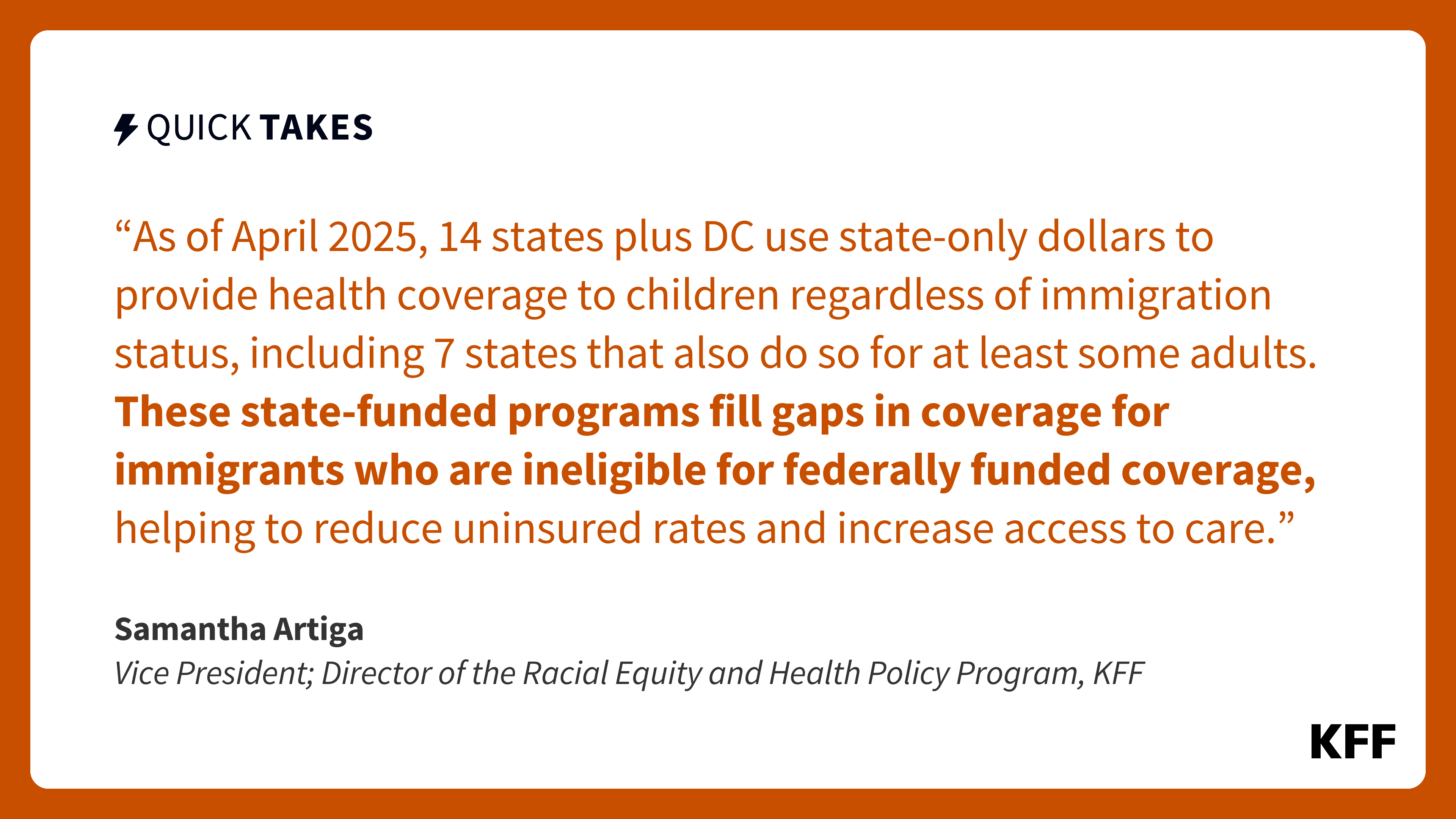 RandyGipson15's tweet card. KFF data show that as of April 2025, 14 states plus DC use state-only dollars to provide health coverage to children regardless of immigration status, including 7 states that also do so for at least...