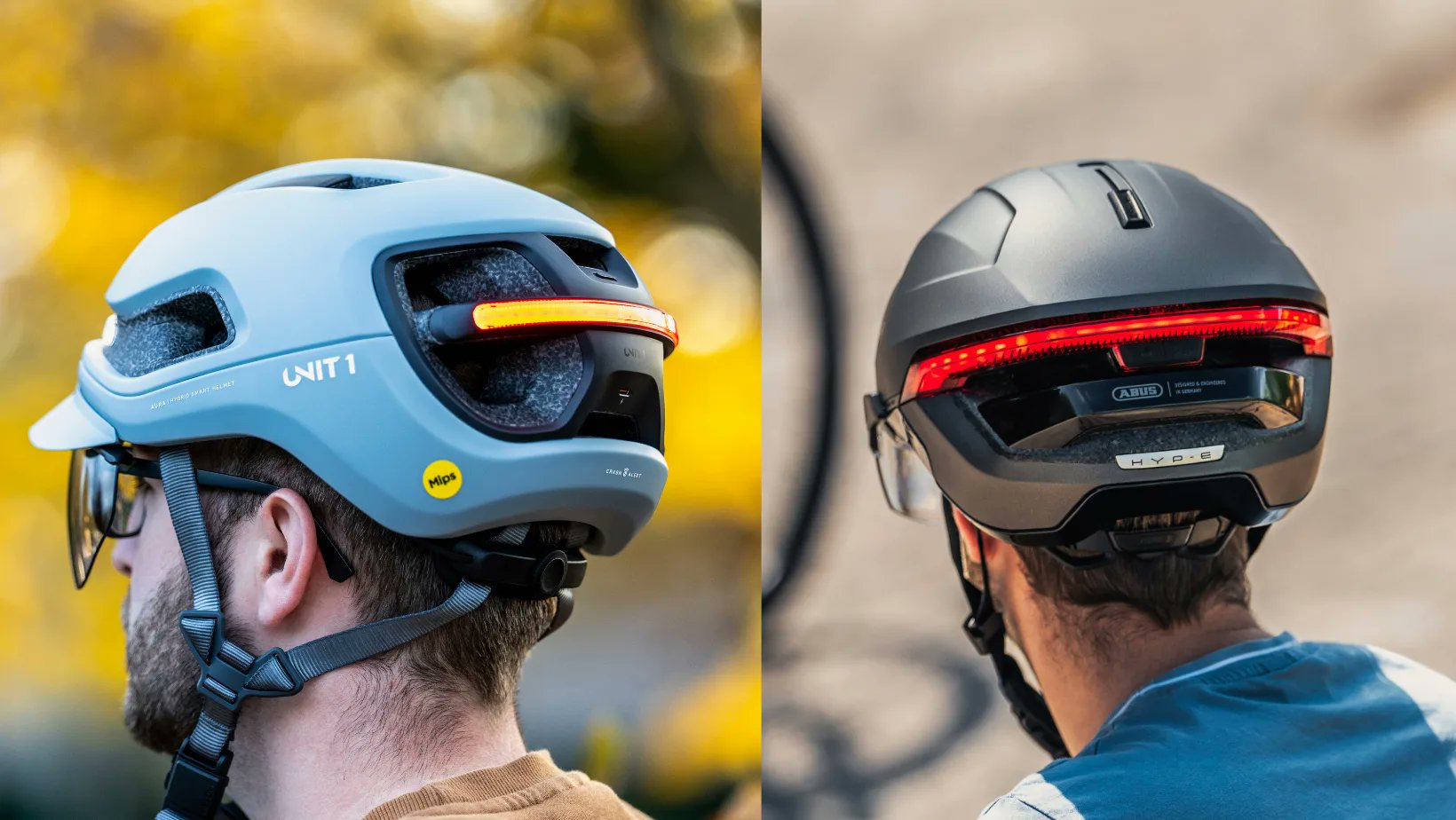 EV_olution_be's tweet card. We testen de ABUS HYP-E (BL.ACE-variant) en de UNIT-1 AURA, twee slimme fietshelmen met ingebouwde verlichting en richtingaanwijzers. Hoe scoren ze op zichtbaarheid, veiligheid, comfort en gebruiks...