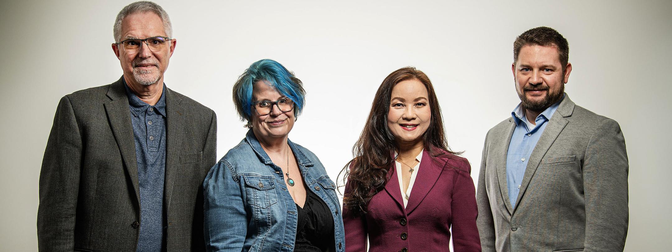 purduefw's tweet card. The 2025 Purdue Fort Wayne Featured Faculty Award recipients are Suining Ding, Michael Kirchner, Sarah LeBlanc, and Richard Weiner.