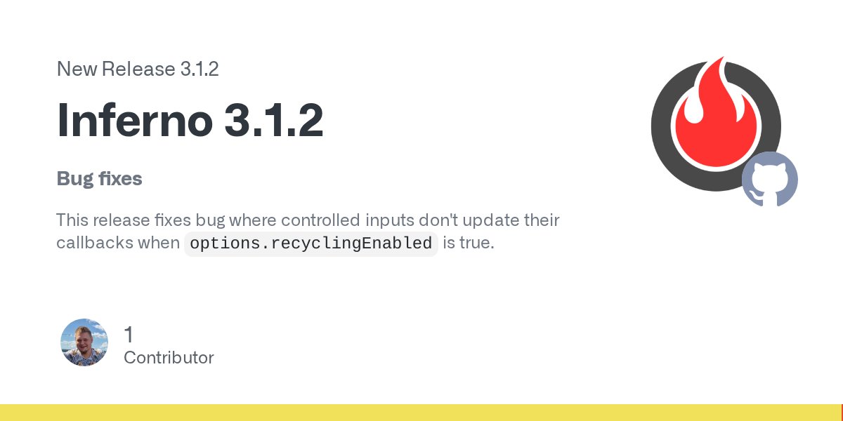 inferno_js's tweet card. Bug fixes This release fixes bug where controlled inputs don't update their callbacks when options.recyclingEnabled is true.