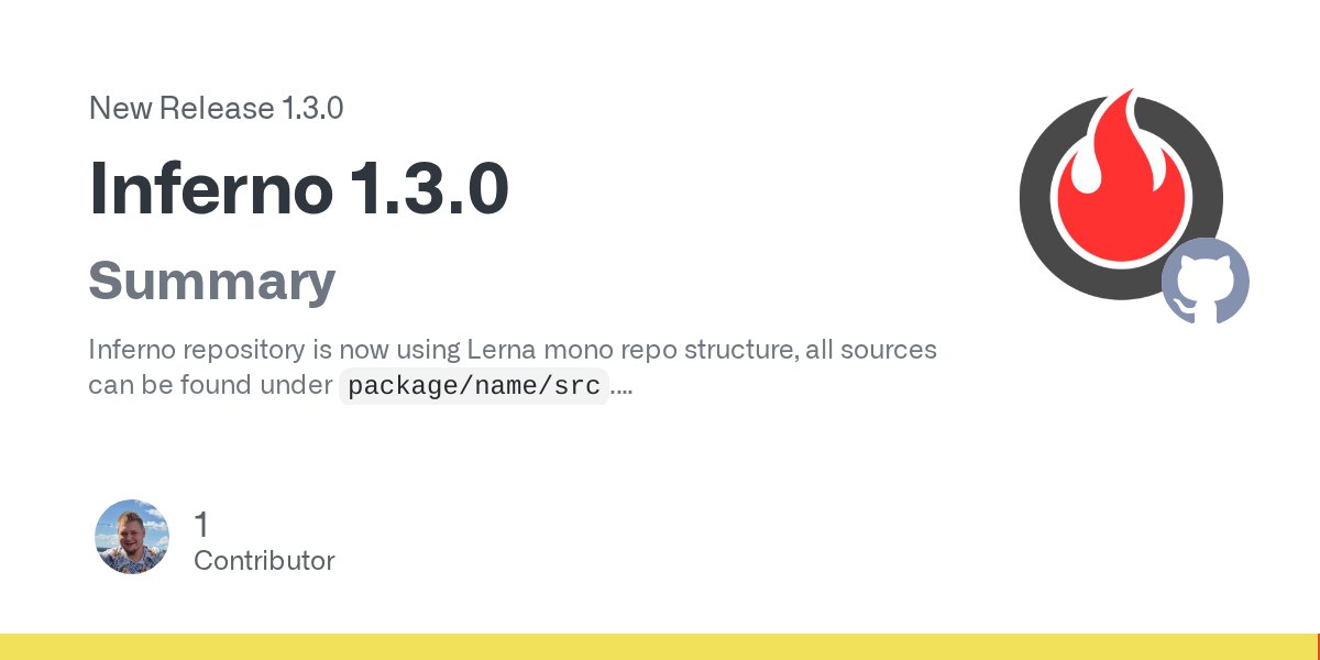 inferno_js's tweet card. Summary Inferno repository is now using Lerna mono repo structure, all sources can be found under package/name/src. Inferno-test-utils were fully rewritten from scratch. It provides new functions t...