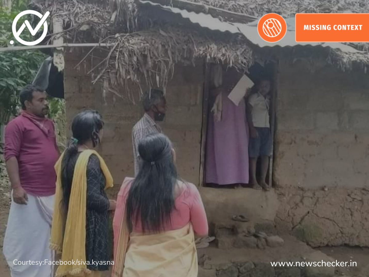 NewscheckerML's tweet card. അതി ദാരിദ്ര്യം നേരിടുന്ന ഒരു വീടിന് മുന്നിൽ ഒരു കൂട്ടം ആളുകൾ വോട്ട് ചോദിച്ചു നിൽക്കുന്നുവെന്ന സൂചനയോടെ ഒരു  ചിത്രം സമൂഹമാധ്യമങ്ങളിൽ വീണ്ടും