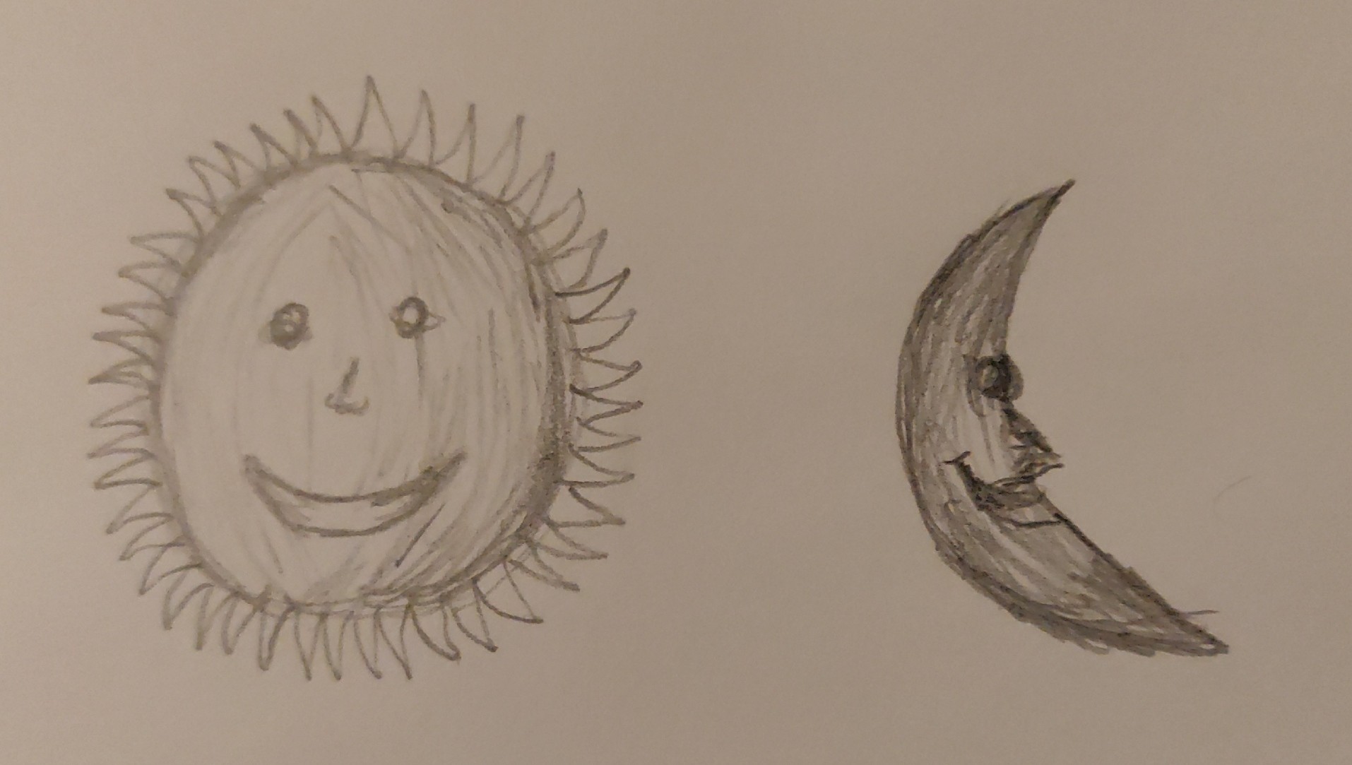 PartFusion's tweet card. Attached: 1 image #Makevember 27: Five minute pencil sketch of a sun and moon with faces.