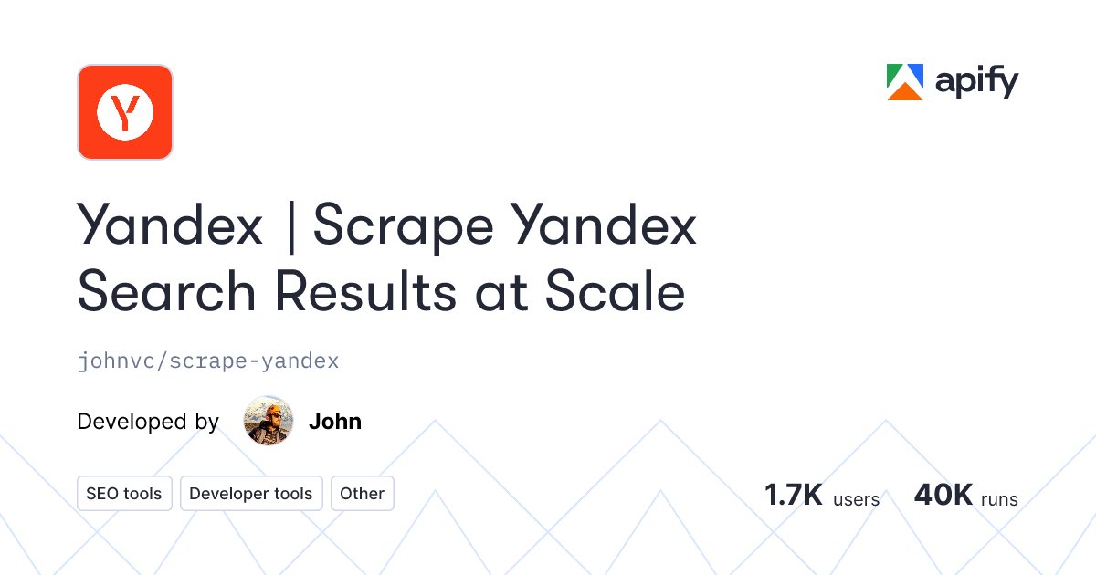 JohnBuildsInPub's tweet card. Professional Yandex search scraper for Apify. Extract organic results, ads, knowledge graph, images, and videos from Yandex with 15+ domain support and ...