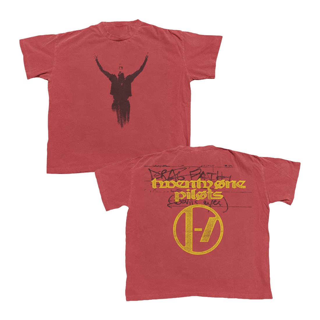 TOPMerchAlerts's tweet card. The Twenty One Pilots ‘Breach Crimson T-Shirt’ features Breach imagery on the front and back. 100% ring spun cotton crimson unisex t-shirt. DISCLAIMER: THIS IS A RESTOCK AND THE SHIPPING DATE MAY...