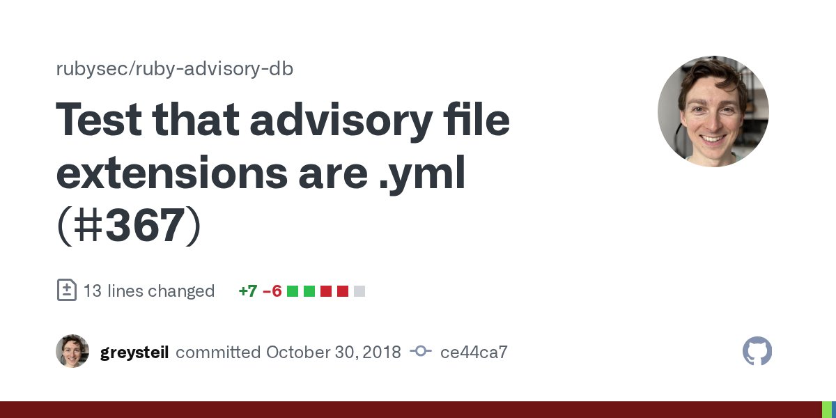 rubysec's tweet card. Test that advisory file extensions are .yml (#367) · rubysec/ruby-advisory-db@ce44ca7