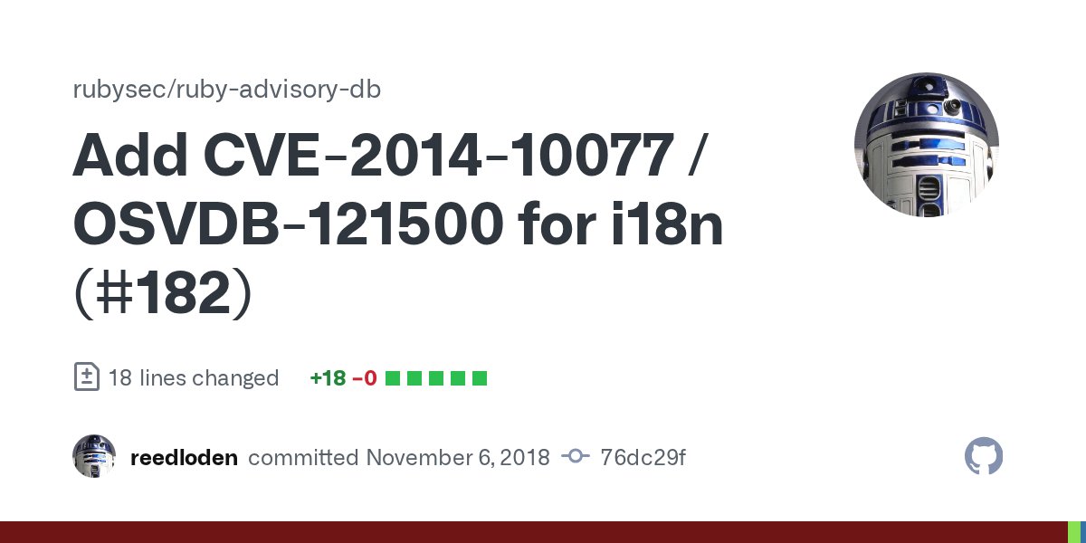 rubysec's tweet card. Add CVE-2014-10077 / OSVDB-121500 for i18n