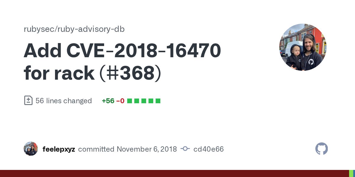 rubysec's tweet card. Add CVE-2018-16470 for rack
