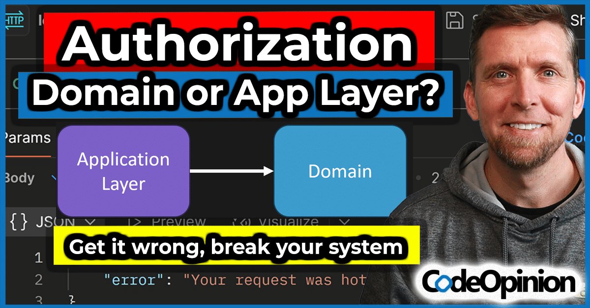 ParticularSW's tweet card. Authorization, should it go in your Domain or Application Layer? It's a super common question, so here are examples and guidelines.