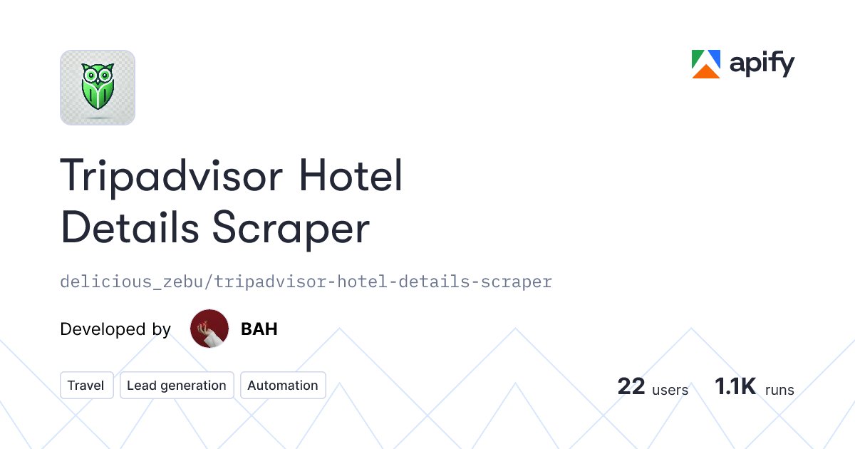 jayiuiuiu's tweet card. Effortlessly extract comprehensive hotel data from TripAdvisor, including ratings, reviews, amenities, room details, nearby attractions, and more! Perfe...