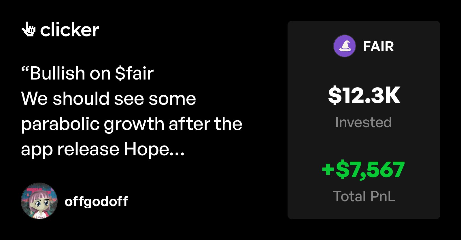 off_god_off's tweet card. See offgodoff’s FAIR trade comments, PnL, and other metrics.