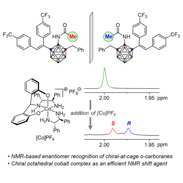 CellRepPhysSci's tweet card. Kim et al. present an NMR-based strategy for the chiral recognition of chiral-at-cage o-carboranes. Hydrogen-bonding interactions between o-carboranes and cationic cobalt(III) complexes, which act as...