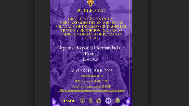 embaperuva's tweet card. La Embajada del Perú ante la Santa Sede se complace en informar que una gran procesión del Señor de los Milagros y Santa Misa se llevarán a cabo en Roma el sábado 18 y domingo 19 de octubre de 2025...