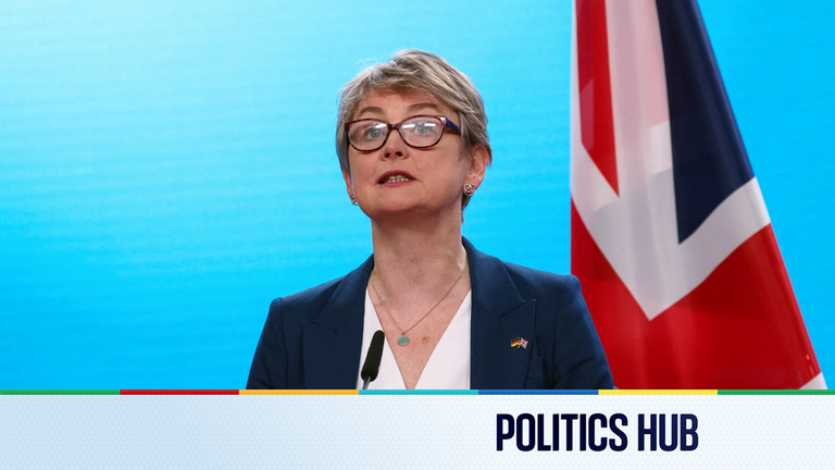 SkyNews's tweet card. Foreign Secretary Yvette Cooper has been speaking in Berlin, where she says a change in German law will allow a joint crackdown on small boats. Watch the Politics Hub live below from 7pm.