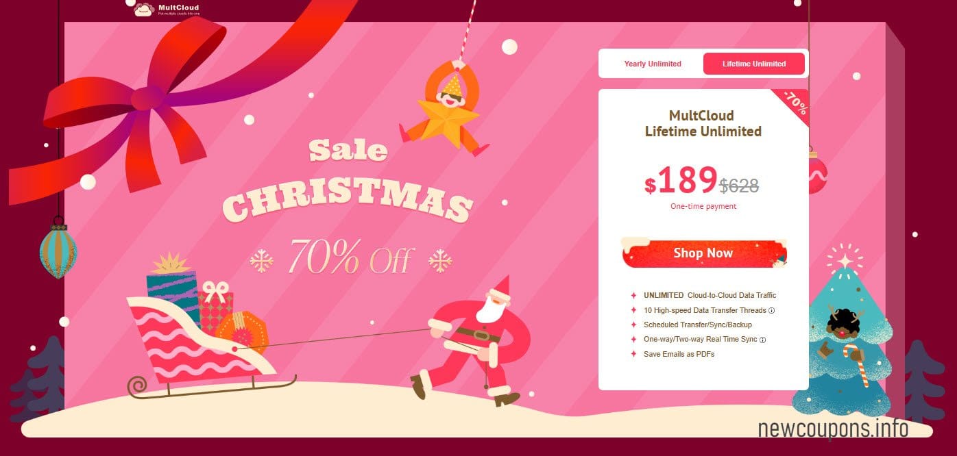 NewCouponsInfo's tweet card. Get free up to 500GB of lifetime data transfer traffic and up to 70% off on all MultCloud Lifetime and Yearly premium plans during this sale!