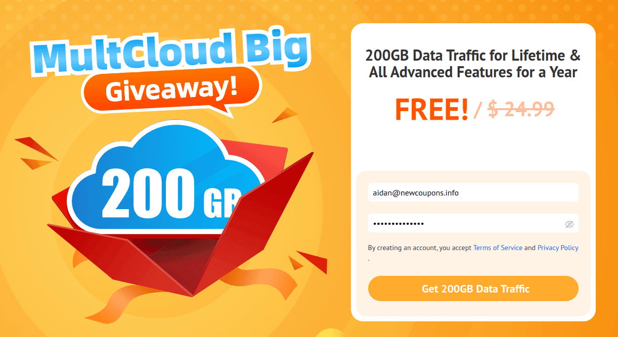 NewCouponsInfo's tweet card. Take advantage of the Multcloud 200GB Free Giveaway to get up to 200GB data transfer traffic free for life. Claim it fast before it’s gone.