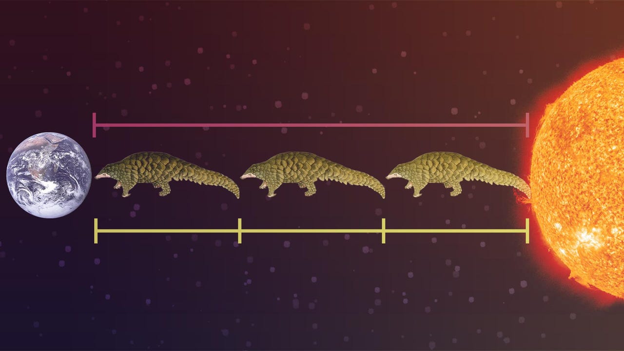 SdeStendhal's tweet card. ¿Cuántos pangolines equivalen a una unidad astronómica?