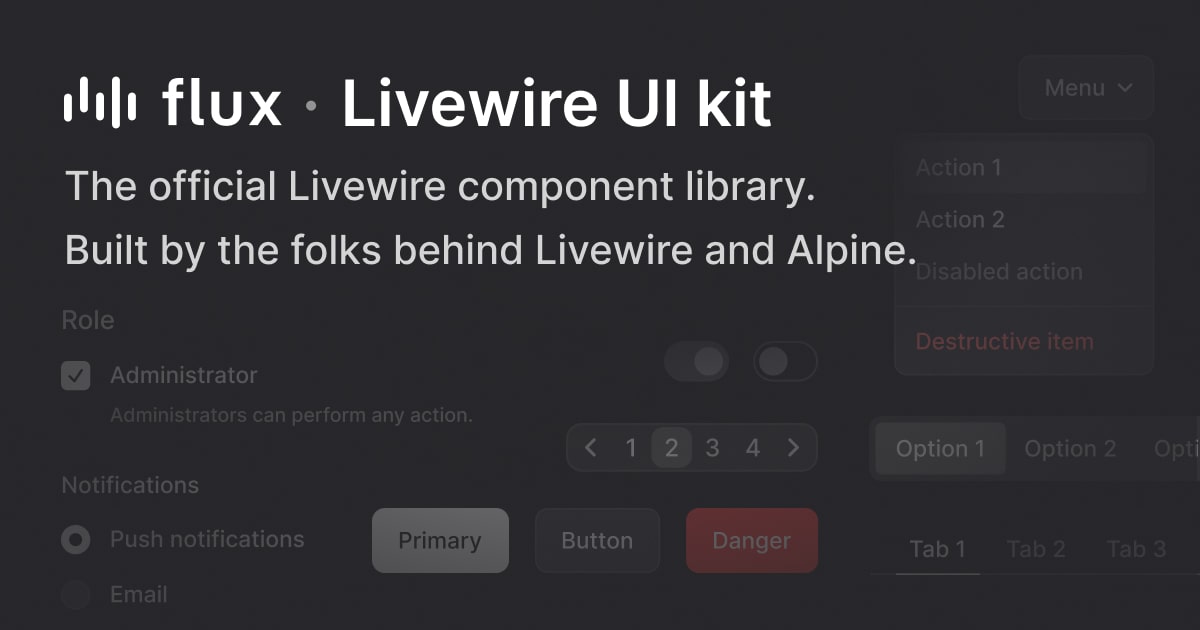 nicolashedger's tweet card. The official Livewire component library. Built by the folks behind Livewire and Alpine.