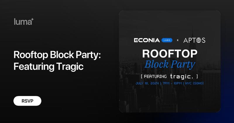 EconiaLabs's tweet card. Econia Labs & Aptos Labs are pleased to host the NYC rooftop bash of the summer! Enjoy a cocktail, crack open a cold beer, and vibe with friends as we survive…