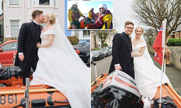 PorthcawlRNLI's tweet card. Mark Broadway and Jessie Wilde's wedding on Saturday in Porthcawl, Wales, was interuppted when five of their guests had to make a dash to an emergency rescue as RNLI volunteers.
