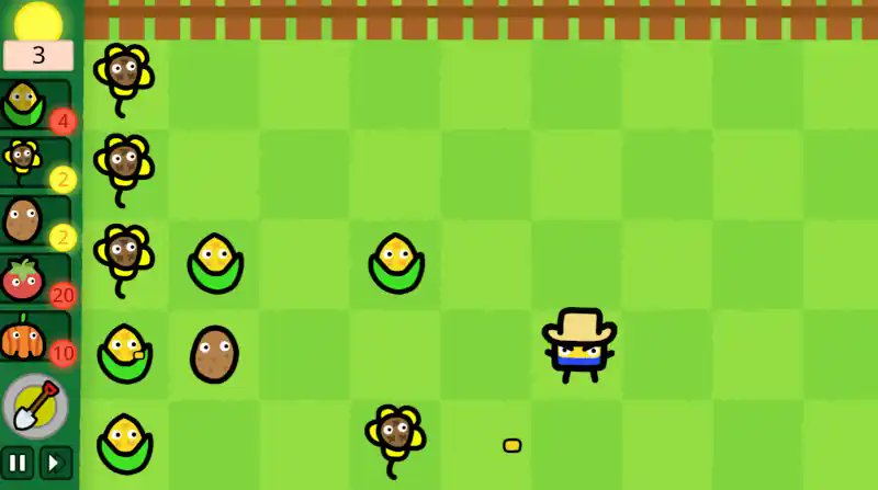 __sseal's tweet card. creative action-defense game where you play as sentient crops fighting against invading farmers..​