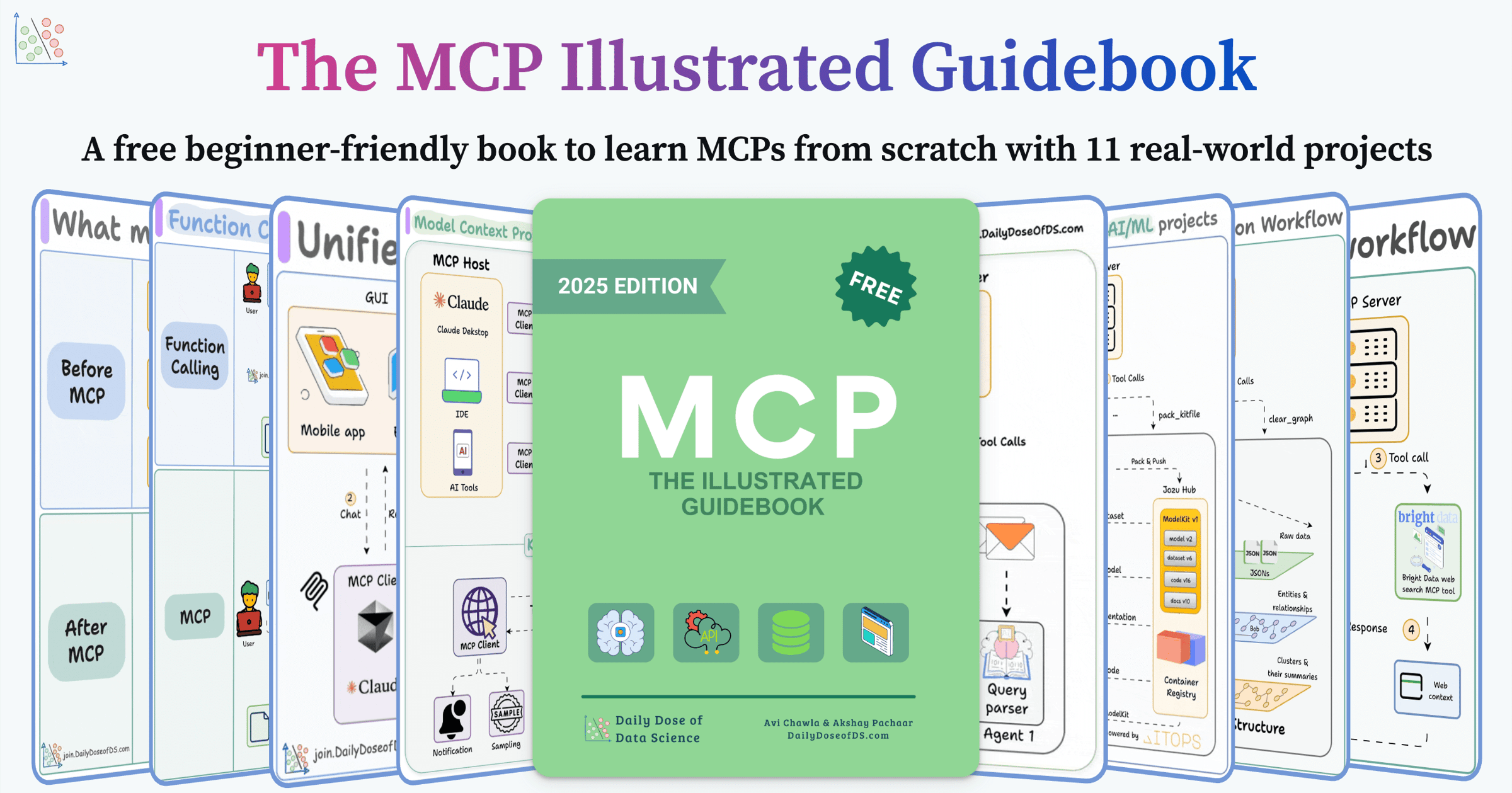 akshay_pachaar's tweet card. If you want to learn MCPs with projects, here's a free guidebook (75+ pages).