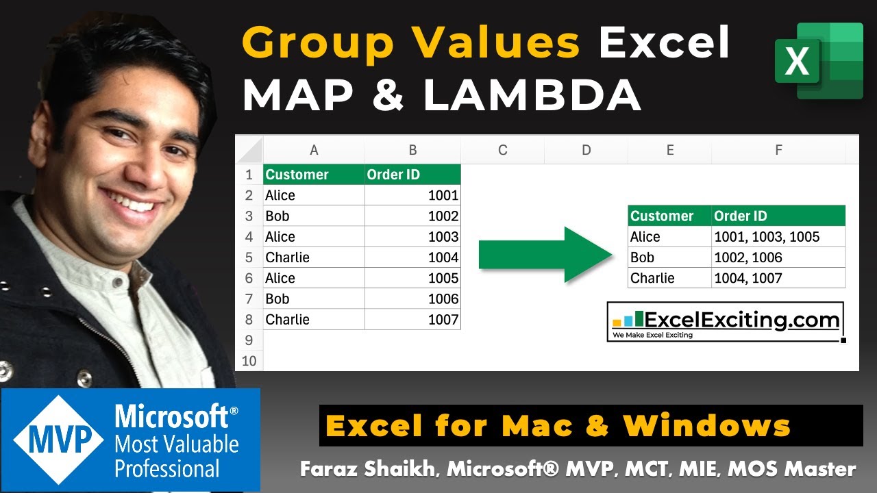 ExcelExciting's tweet card. Use Excel MAP and LAMBDA Function to Group Values