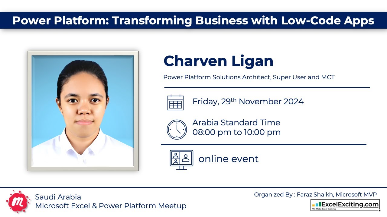 ExcelExciting's tweet card. Power Platform: Transforming Business with Low-Code Apps with Charven...
