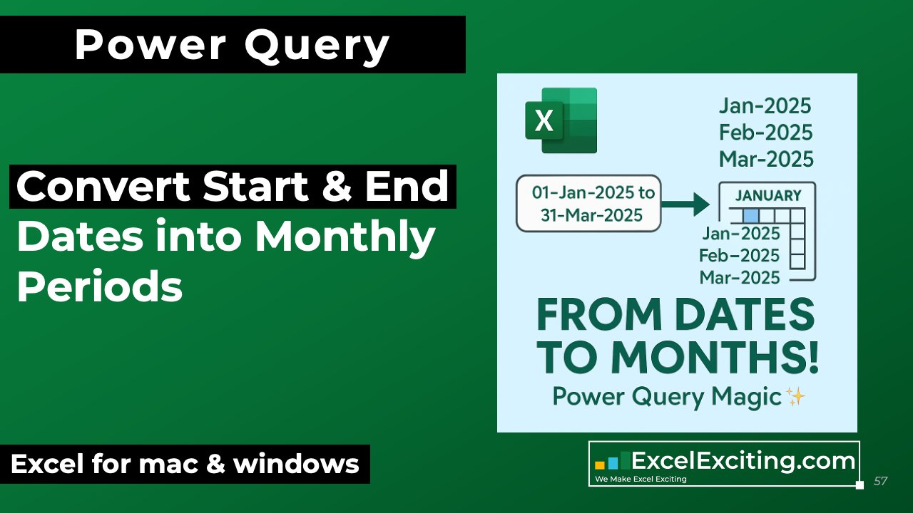 ExcelExciting's tweet card. Learn how to use Power Query in Excel to convert Start and End date columns into clear month-year periods like Jan-2025 and Feb-2025. This step-by-step guide helps you prepare your data for monthly...