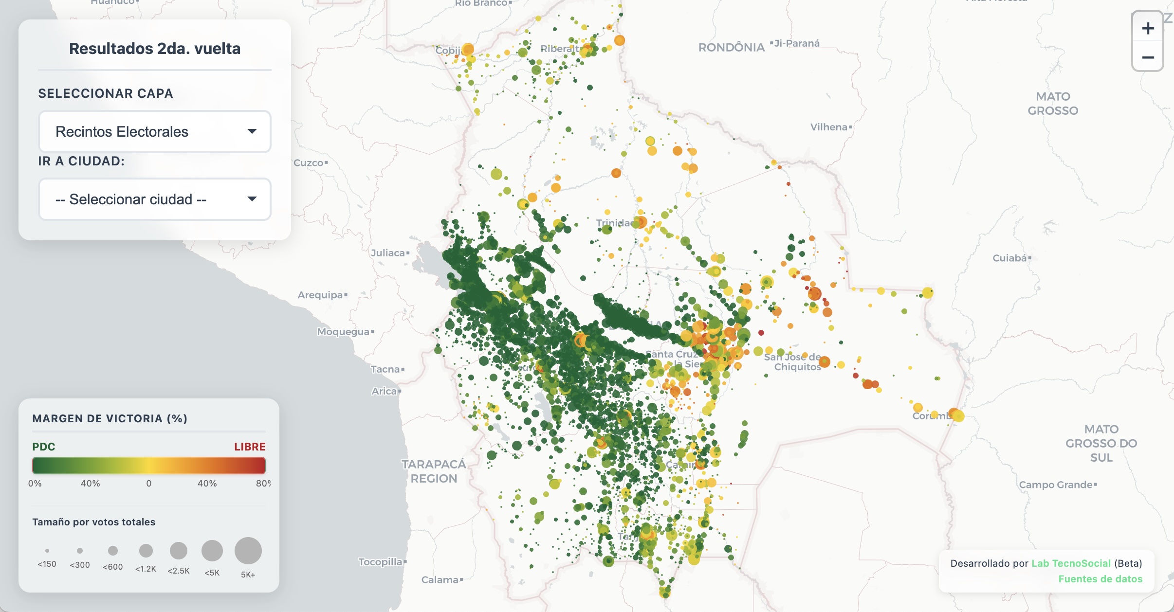 LabTecnoSocial's tweet card. Mapa interactivo de los resultados de la segunda vuelta electoral de Bolivia 2025. Visualiza datos por recintos, departamentos, municipios y más.