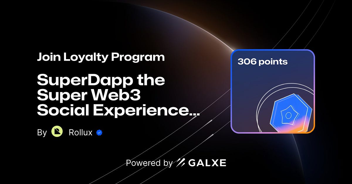 SuperDappAI's tweet card. Galxe invites you to pioneer the blockchain revolution by joining Syscoin and Rollux’s joint Web3 campaign, SocialFi Pulse, on Galxe Quest…